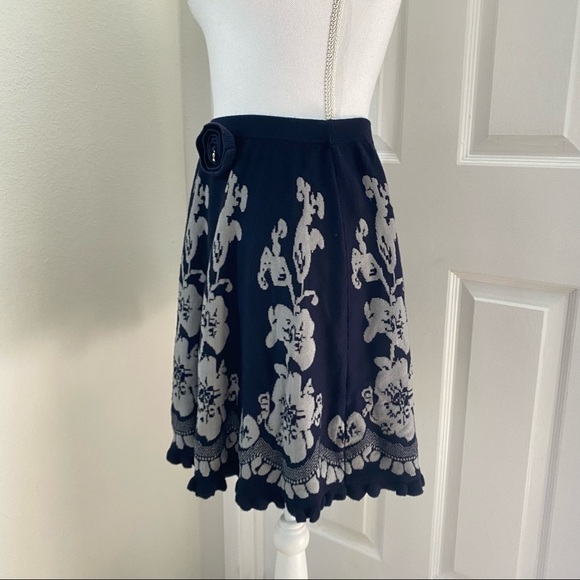 Roberta di Camerino Navy Knit Swing Floral Skirt Rhinestone Rosette Ruffled Hem - Picture 5 of 13